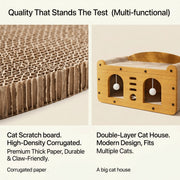 Multi-Style Double-Layer Cat Scratcher House, 2-Tier Large Cat Villa Bed With Corrugated Cardboard, Interactive Hanging Balls & Ergonomic Neck Support, Furniture-Saving Hideaway Cave For Indoor Cats