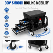 Rolling Garage Stool With 3 Drawers, Heavy Duty Mechanic Seat With Padded Vinyl Cushion, Tool Storage Cart, 350 Lbs Capacity