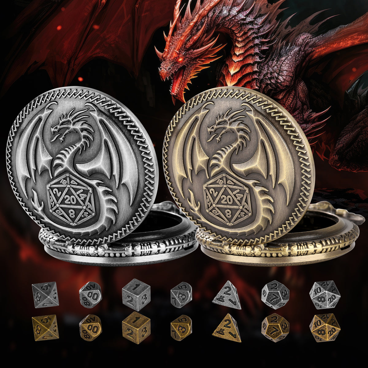 Creative Thick Chain Pocket Watch Set, Equipped With 7 Mini DND Game Polyhedral Metal Dice Tabletop Role-playing Game Dice, Enhancing RPG Gaming Experience And Providing Players With Unique Gifts