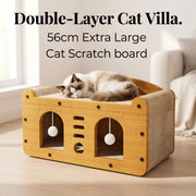 Multi-Style Double-Layer Cat Scratcher House, 2-Tier Large Cat Villa Bed With Corrugated Cardboard, Interactive Hanging Balls & Ergonomic Neck Support, Furniture-Saving Hideaway Cave For Indoor Cats
